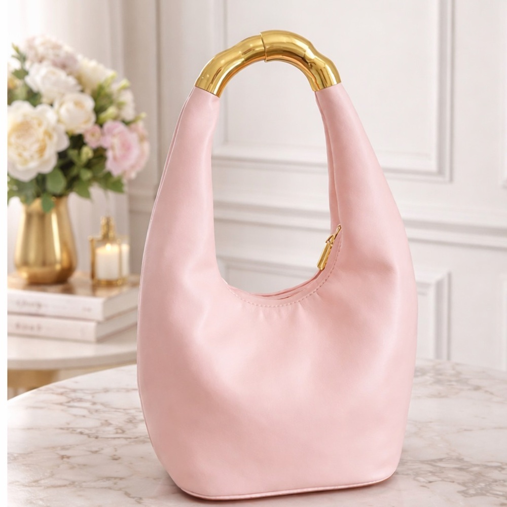 Pale Pink Hobo Bag in PU Leather Zipper Closure w/Asymmetric Gold  Tone Detail!